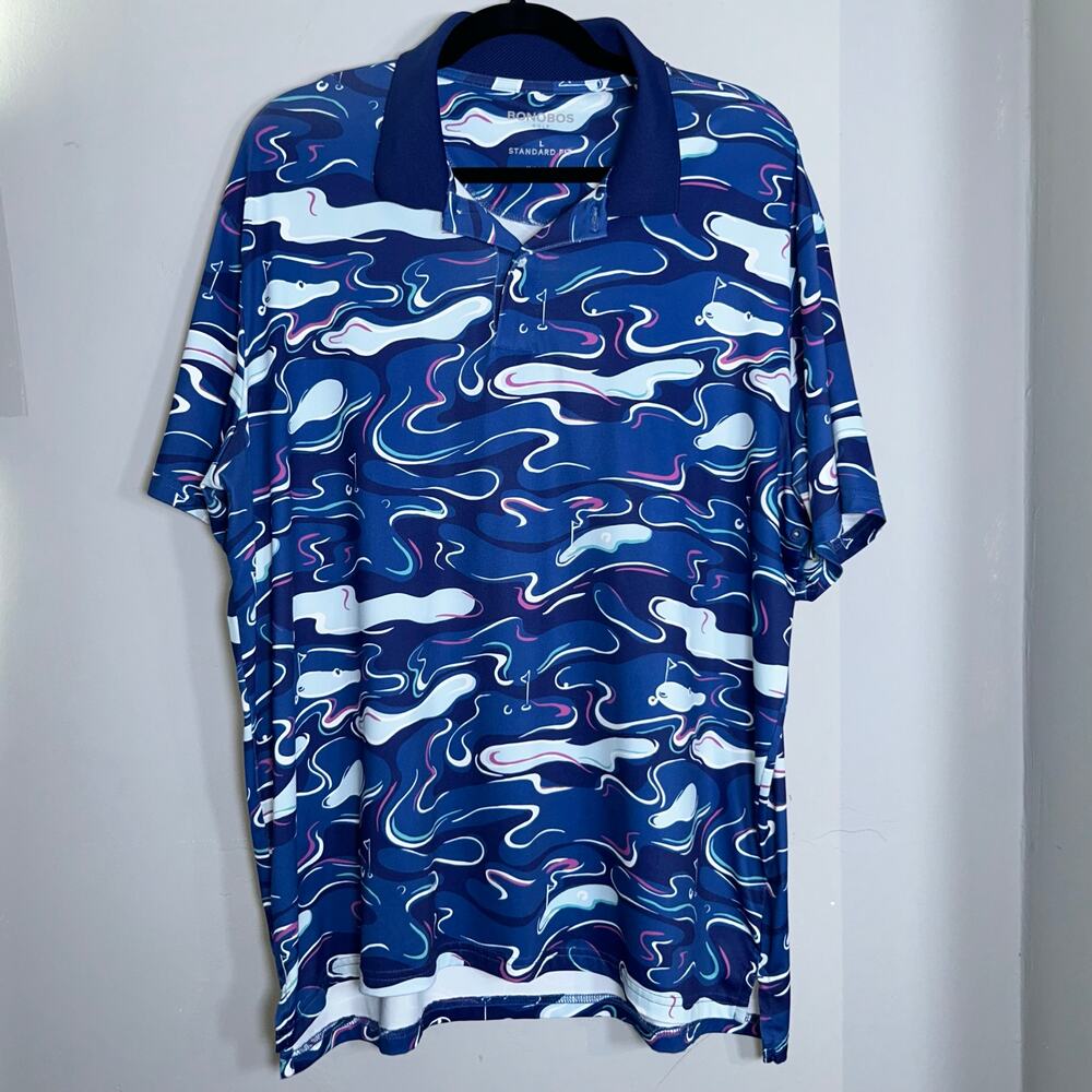 Bonobos Golf Polo Shirt Mens Large L Standard Fit Blue Golf Course Print Stretch